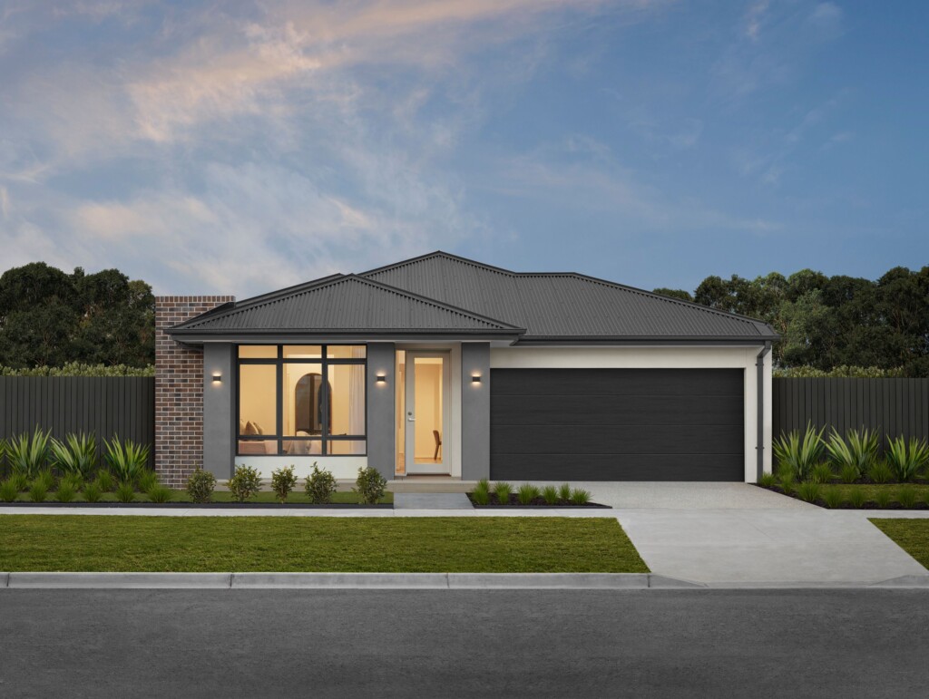 Single storey home with modern facade, double garage and landscaped front yard