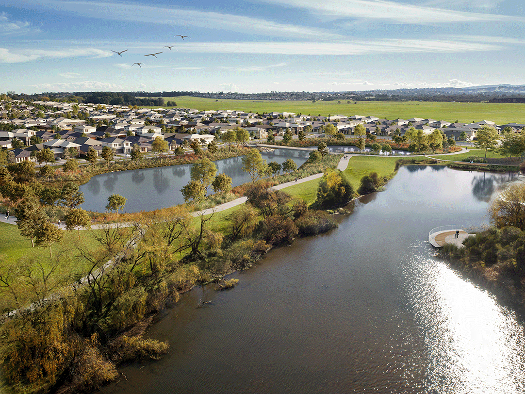 A peaceful suburban community featuring a scenic lake, surrounded by walking trails, lush green spaces, and modern homes. This tranquil environment is perfect for families seeking nature-inspired living close to Melbourne. Discover thoughtfully designed homes by Boutique Homes, crafted for comfort and style.