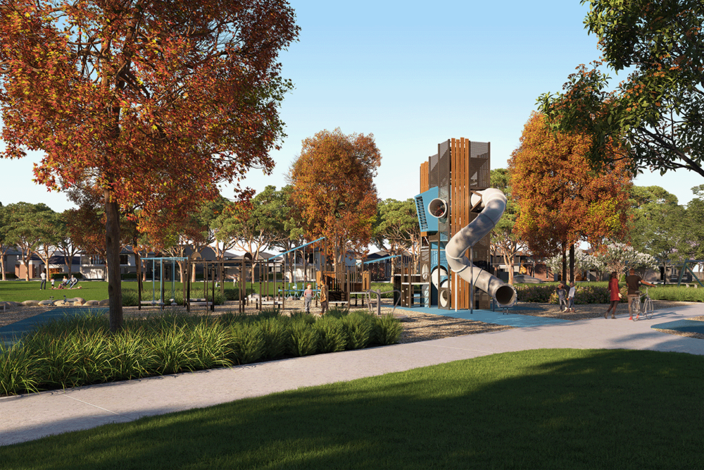 Riverfield Clyde community park with landscaped gardens, modern playground, walking paths and family-friendly open spaces near Homebuyers Centre house and land.