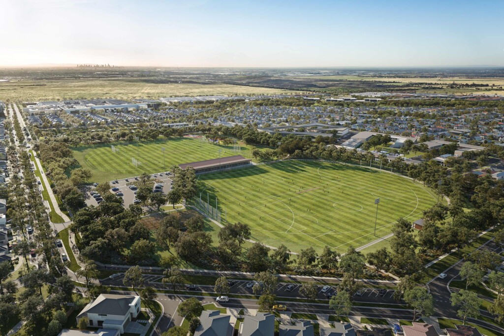 Aerial view of Mt. Atkinson Central Park featuring green open space, sports fields, and surrounding residential development in Melbourne’s west.