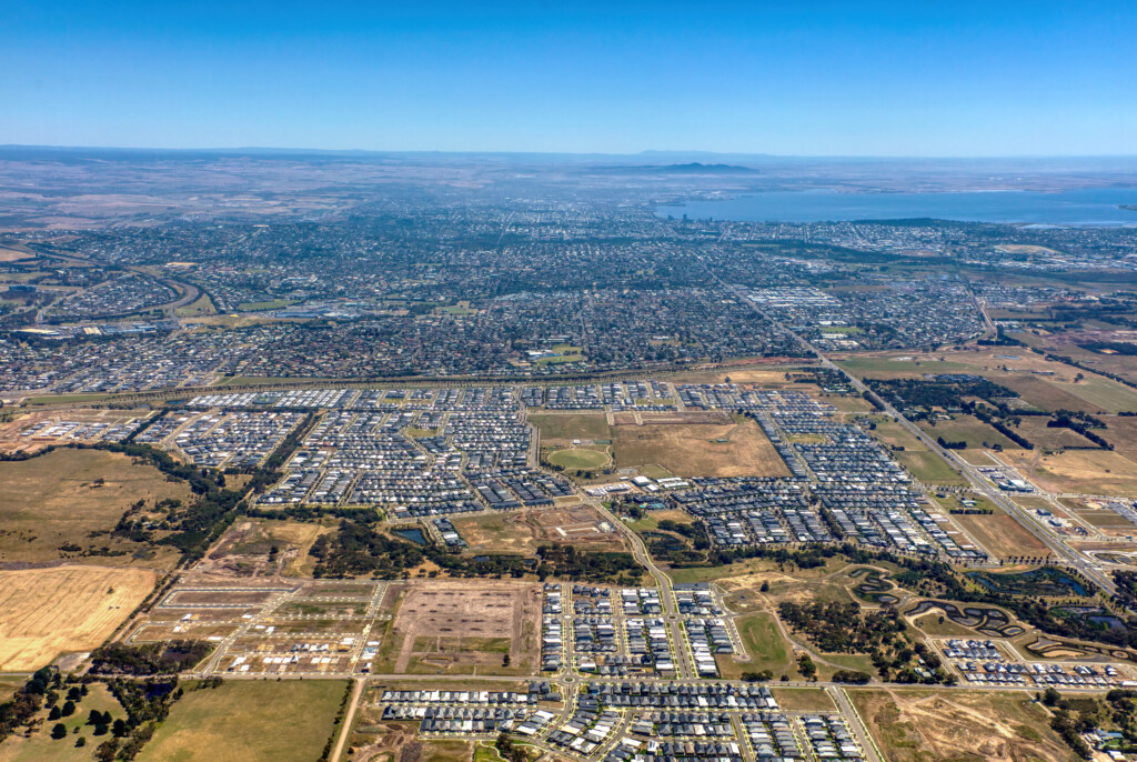 Aerial view of Armstrong Estate featuring new townhouse development in Mt Duneed, Victoria.