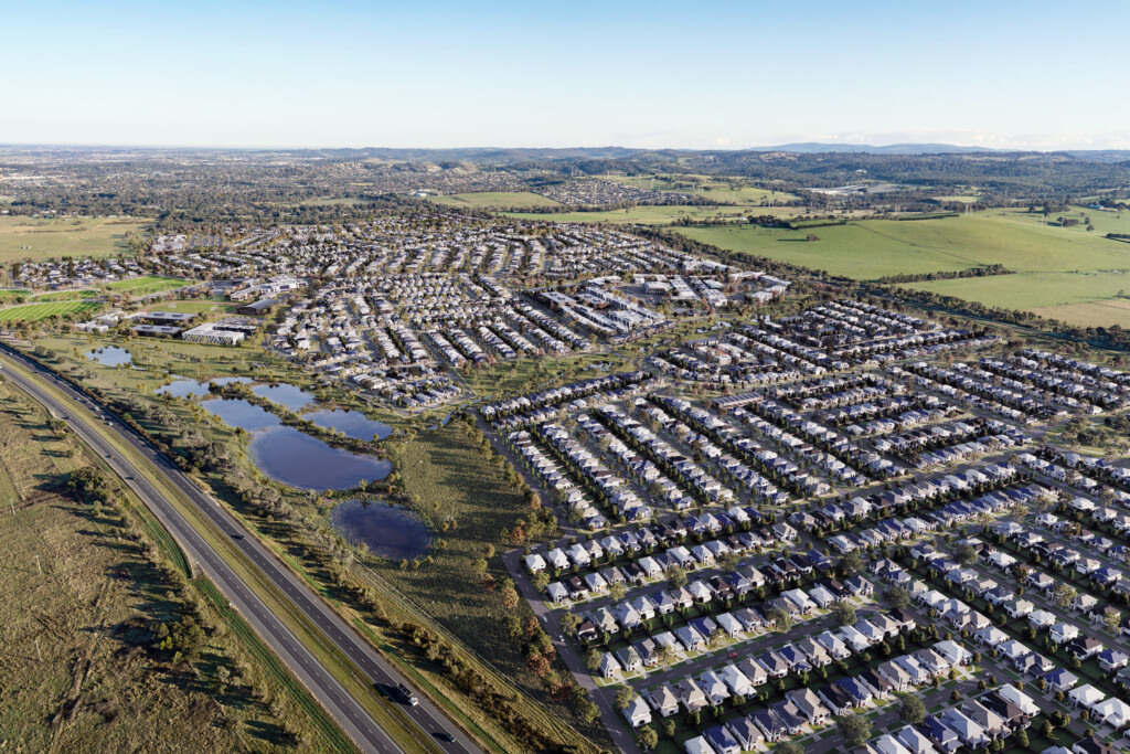 Aerial view of Ridgelea Estate by Stockland in Pakenham, Victoria, showcasing new residential development surrounded by green open spaces and local amenities.