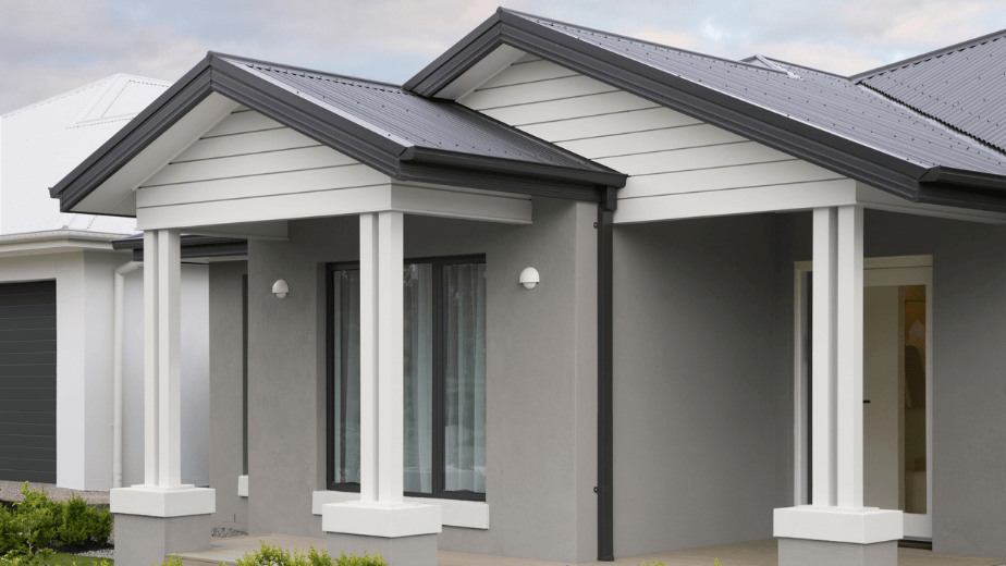 Exterior of the Winton 25 display home at Lucas Estate Ballarat featuring gable rooflines, modern façade, grey render, weatherboard accents and landscaped front garden.