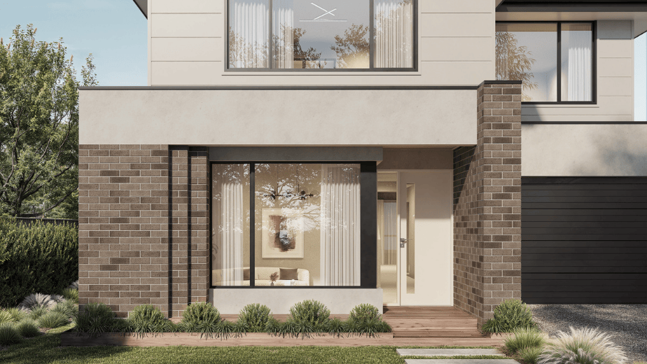 Oaklyn façade featuring stepped brickwork, wrap-around corner window, modern two-storey design and landscaped front entry.