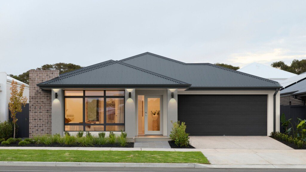 A Lawson 25 home featuring the Kensington façade at Mt Duneed, Armstrong Estate, with a modern exterior design including a combination of brickwork, large windows, and stylish landscaping.