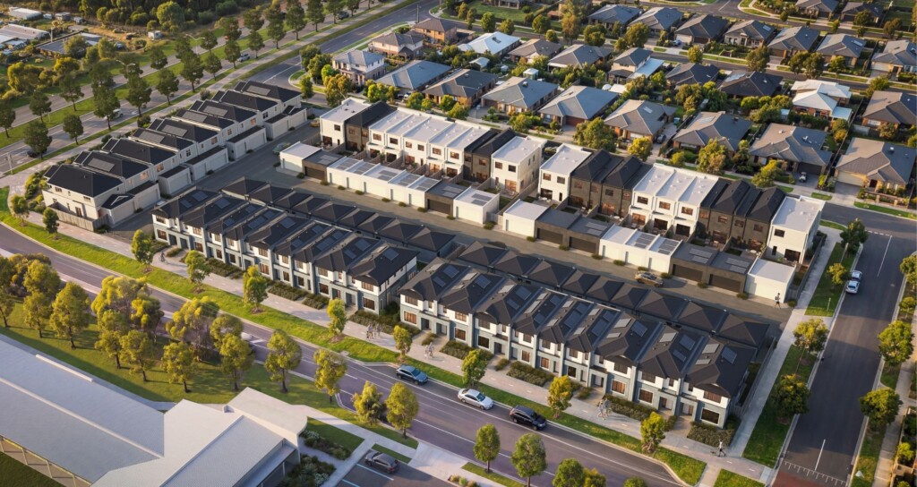 Octave townhomes with Newport façades at Riverfield Estate in Clyde, featuring modern two-storey homes, landscaped streets, private outdoor spaces and a masterplanned community setting.
